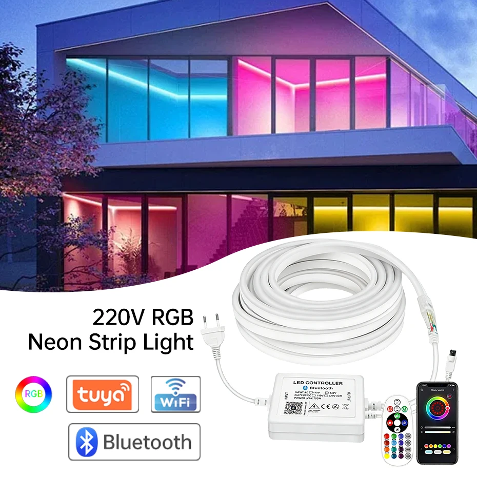 

1m-100m 220V RGB LED Neon Strip Light 5050 IP67 Waterproof Outdoor Neon Sign Lamp RGB 750W IR Remote Control/Bluetooth/Tuya WiFi