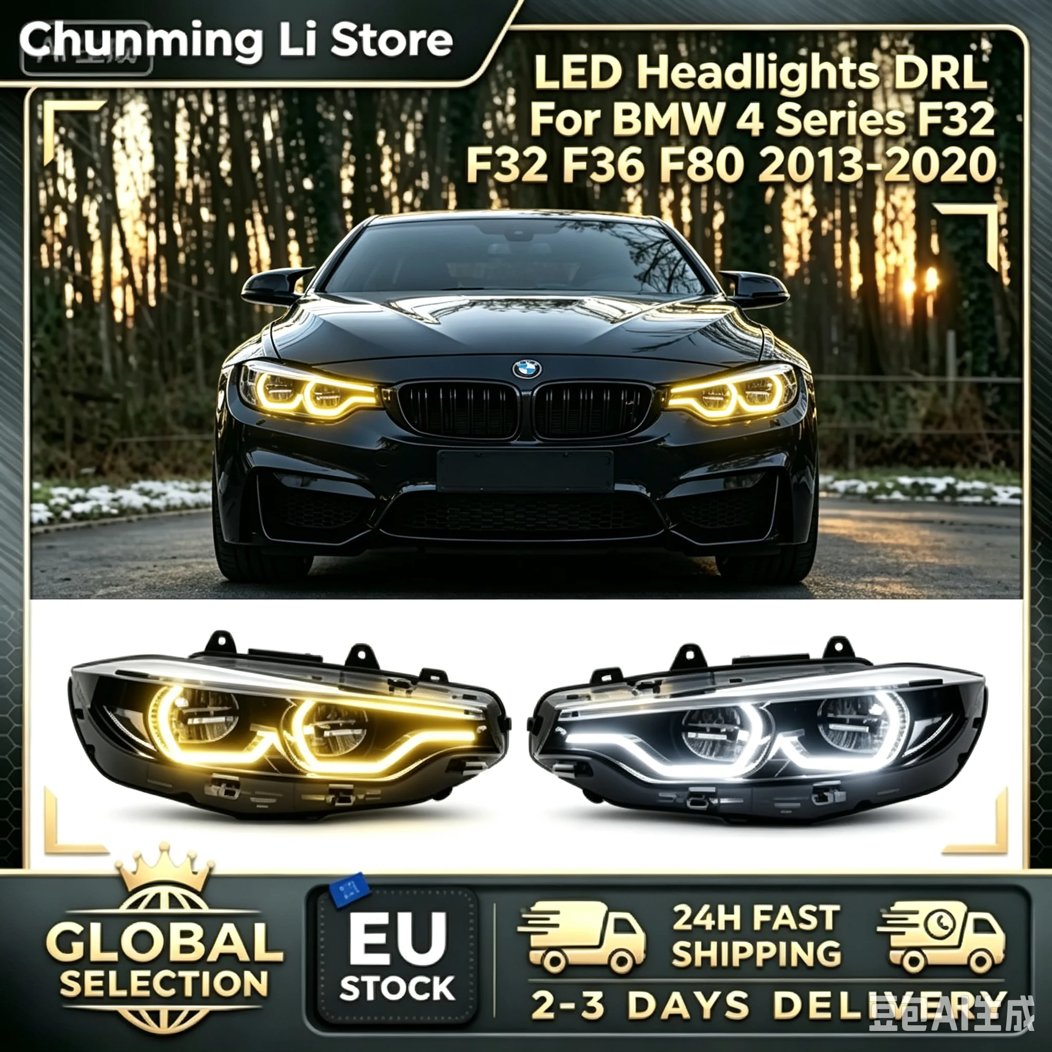 Image of Ein Paar LED-Scheinwerfer für BMW F32 F36 F80 DRL 425i 428i 430i 435i 4er-Serie 2013-2020, Autozubehör.