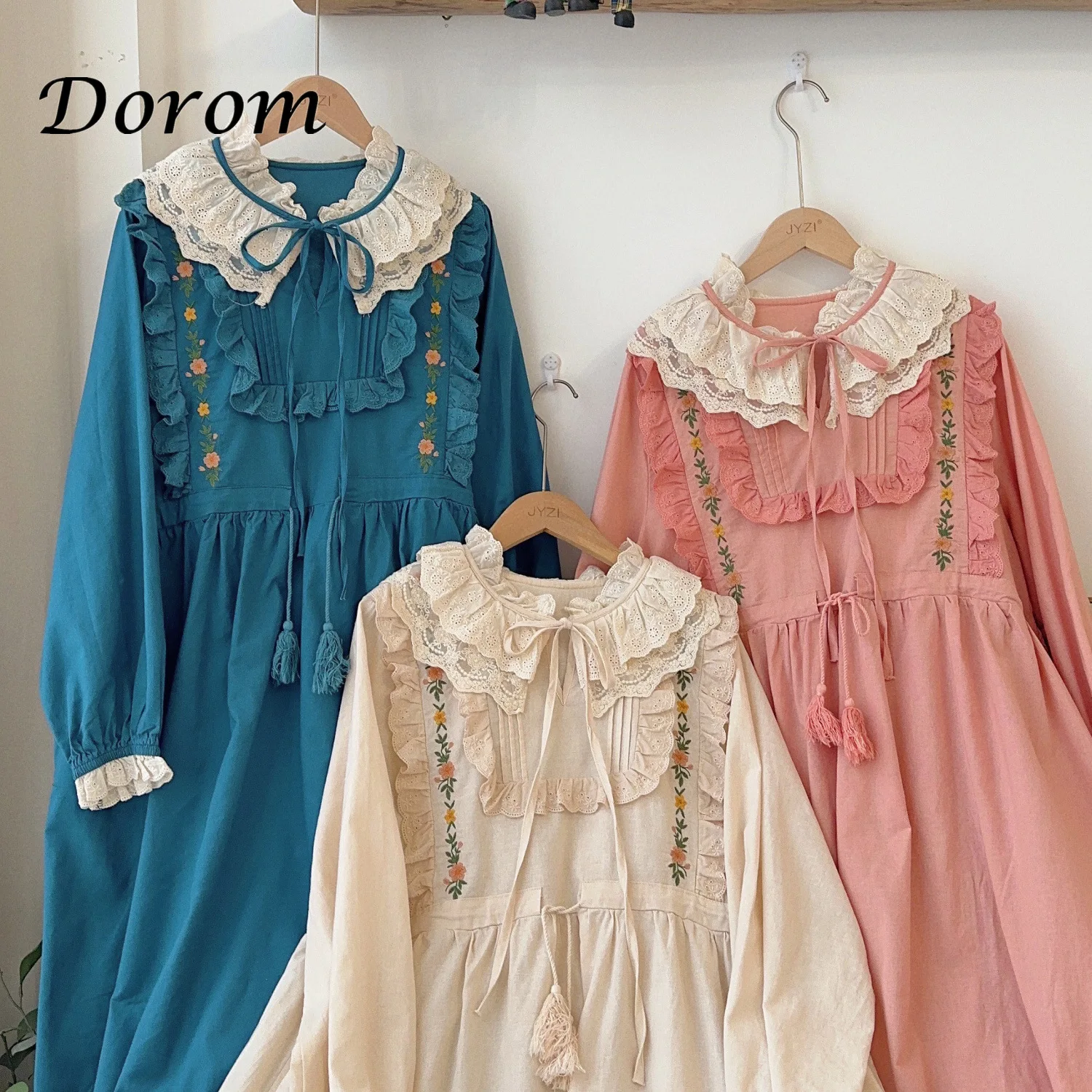 

Vintage Flower Embroidery Peter Pan Collar Kawaii Dress Women Spring Korean Preppy Style Lace-up Puff Long Sleeve Loose Vestidos