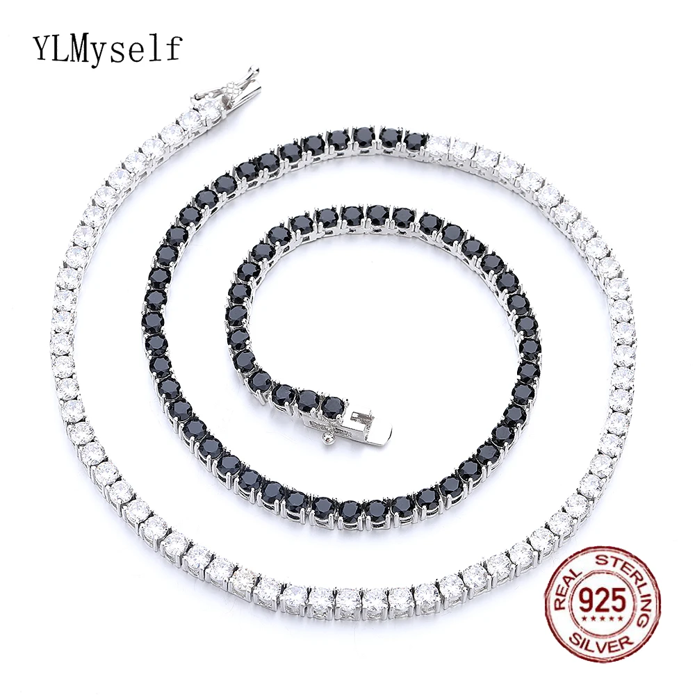 

16-24 Inch (41-60 cm) Real 925 Sterling Silver Tennis Chain Necklace 3 mm Half Black Mix Half White Cubic Zircon Fine Jewelry