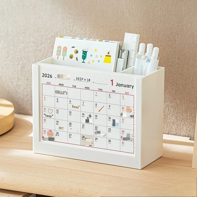 2025 & 2026 Productivity Calendar Stand Multifunctional Desk Organizer with Storage Box Cute Pen Holder & Memo Pad