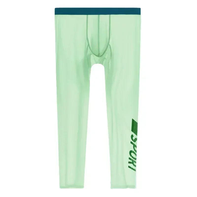 Pantalon de Yoga Ultra-fin pour hommes, haute élasticité, Fitness, soie glacée, Semi-Transparent, course à pied, Leggings de couche de Base de Sport à neuf points