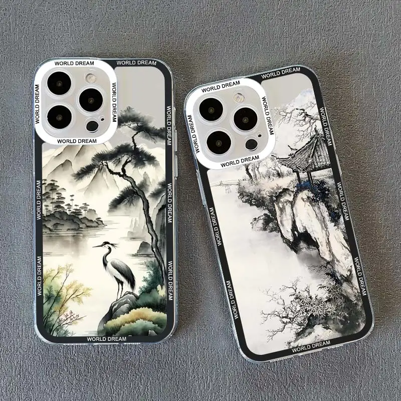 Ink and Wash Landscape Clear Phone Case For iPhone 15 14 13 12 Pro Max 15 14 Plus 11 XS X XR SE2 7 8 Plus Transparent Back Cover