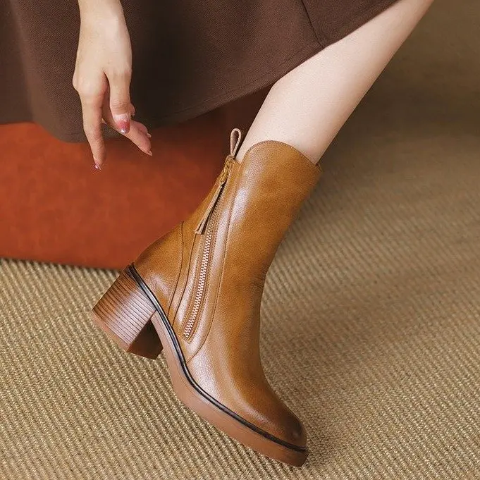 Women's Boots Autumn Coarse Heel Brown Short Boots Women's British Style Side Zipper High Heels Rubbing Color Retro Round Head