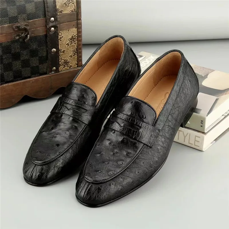 Authentic Real True Ostrich Skin Classic Black Men's Business Dress Loafers Genuine Exotic Leather Male Slip-on Suits Shoes