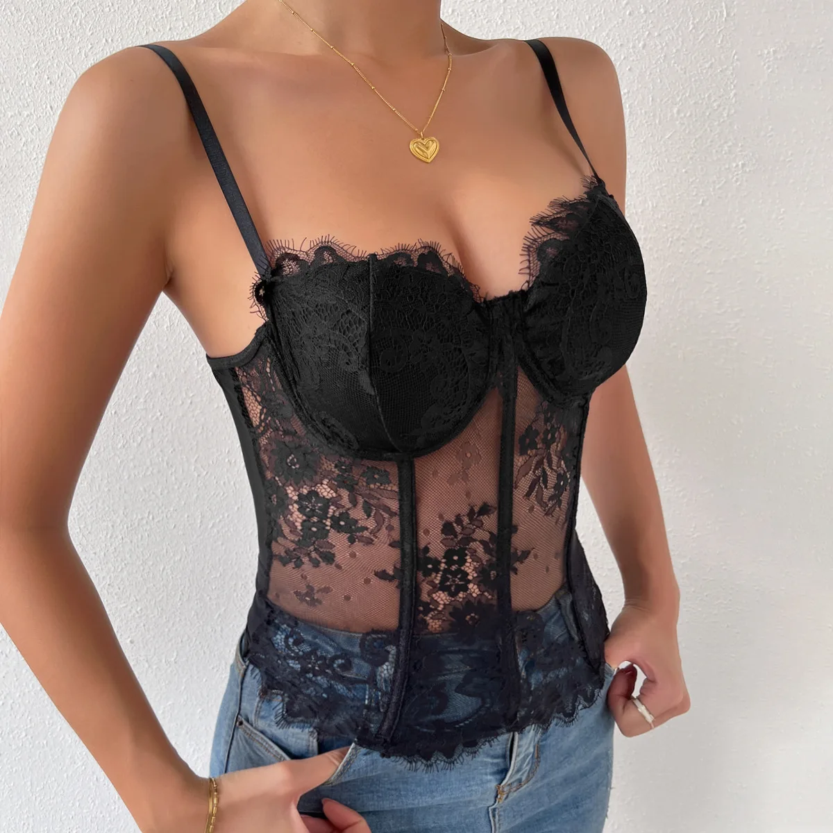 Black Lace Mesh Corset Summer Women\'s Sexy Tank Top with Buckle Sleeveless Halter Bustier Vest Slim Lingerie Camisole Streetwear