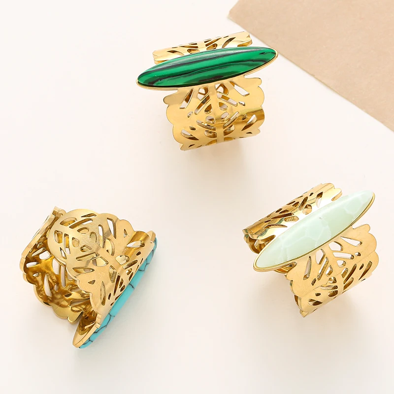 Gold Color Wide Butterfly Pattern Ring Stainless Steel Natural Stone for Women Opening Adjustable Jewelry Gift Wholesale image 4