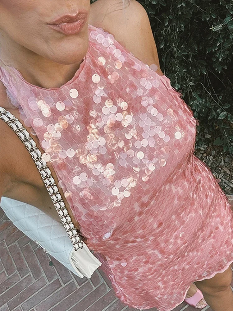 Neckholder-Pailletten-Minikleider, sexy, ärmellos, rückenfrei, Damen-Partykleid, modisch, einfarbig, glänzend, hängender Hals, kurze Strandkleider