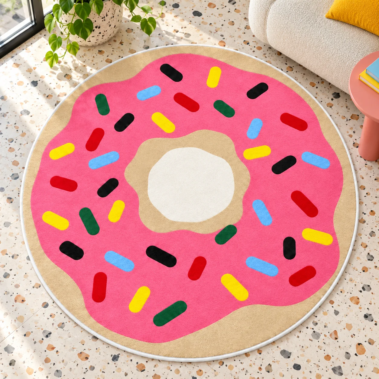 Sweet Pink Sprinkle Donut Shaped Area Rug, Sweet Dessert Floor Mat for Bedroom Room Cafe, Colorful Fun Home Decor Gift