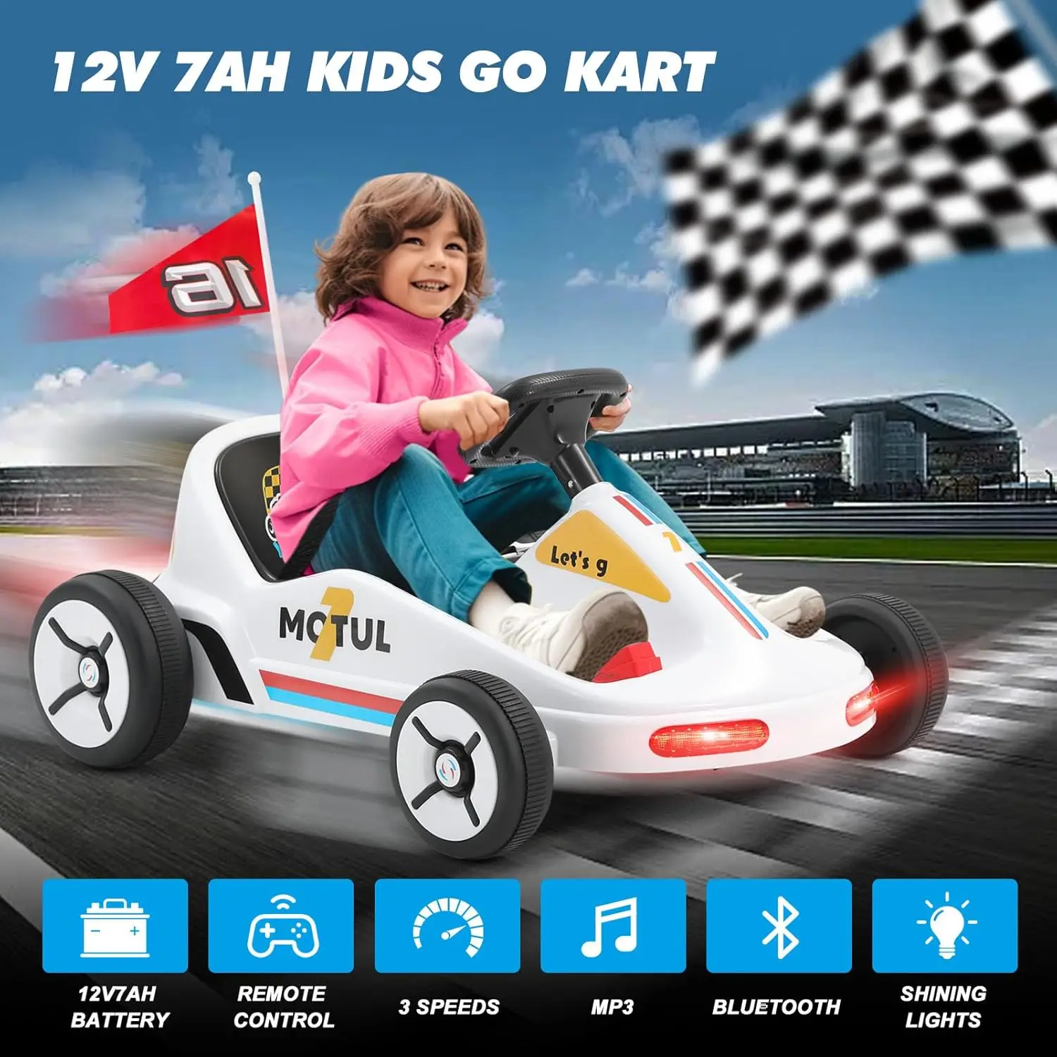 JOYLDIAS Kids Ride On Car, 12V7AH Battery Powered Electric Cars for Kids, Ride On Toy with Remote Control, Flag, Music, Lights,