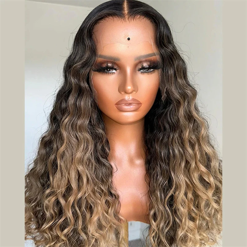 Perruque de cheveux longs bouclés, blond ombré, doux, densité 180, 26 pouces, pre-plucked, naissance des cheveux naturelle, avec cheveux de bébé Afro, pour femmes