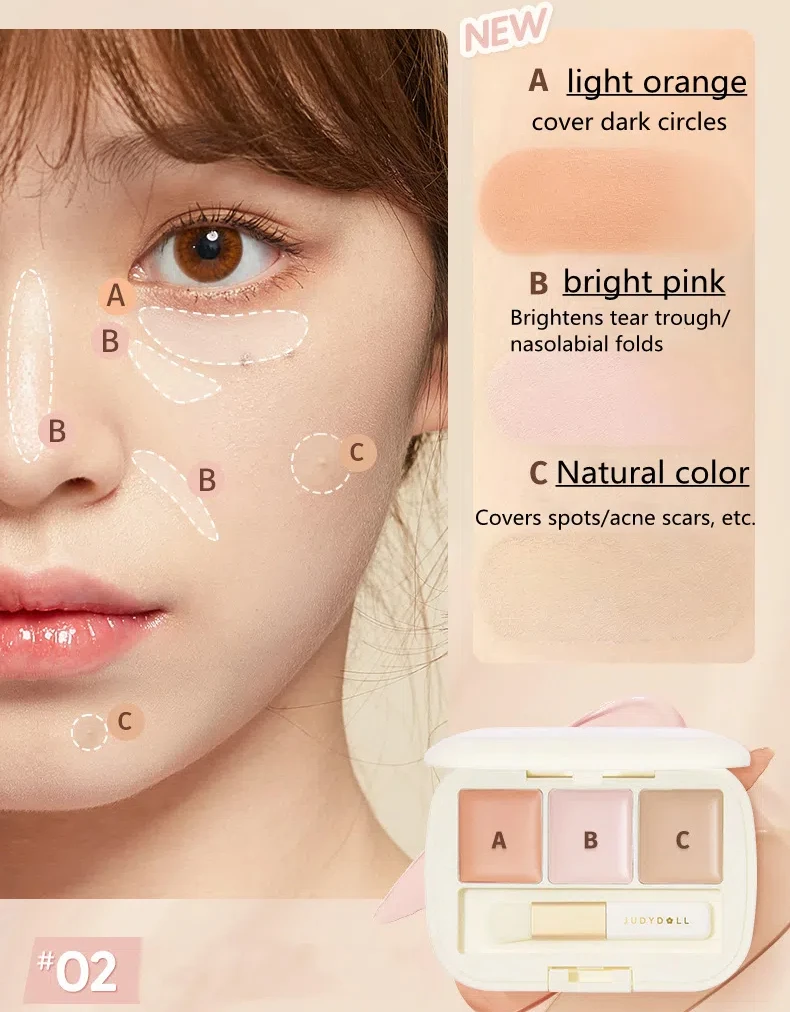 Judydoll Moisturizing Three-Color Concealer Palette High Coverage Long-Lasting Natural Waterproof Sweatproof Makeup Cosmetics_voghion.com