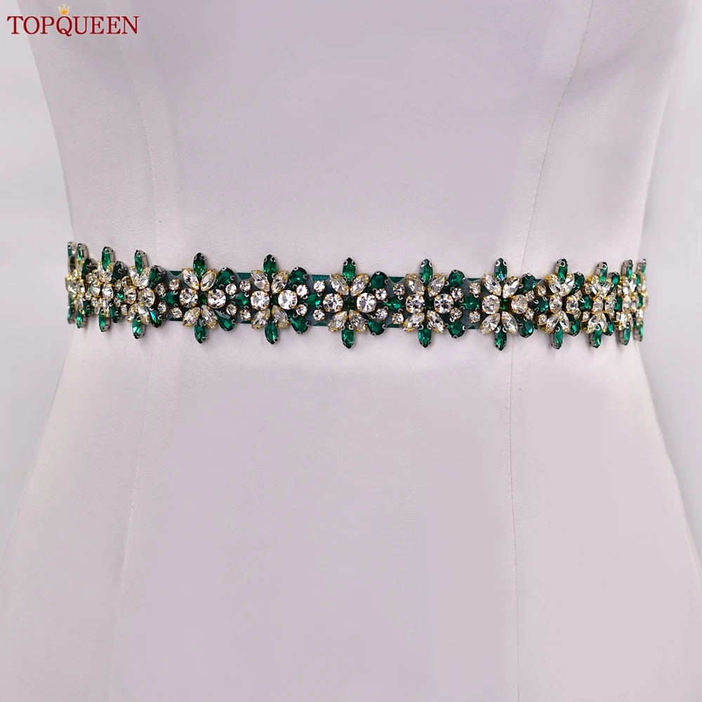 TOPQUEEN-Cristal removível Nupcial Sash, Esmeralda Jóias, Applique, Prom Dress, Wedding Bridesmaid, S269-KL