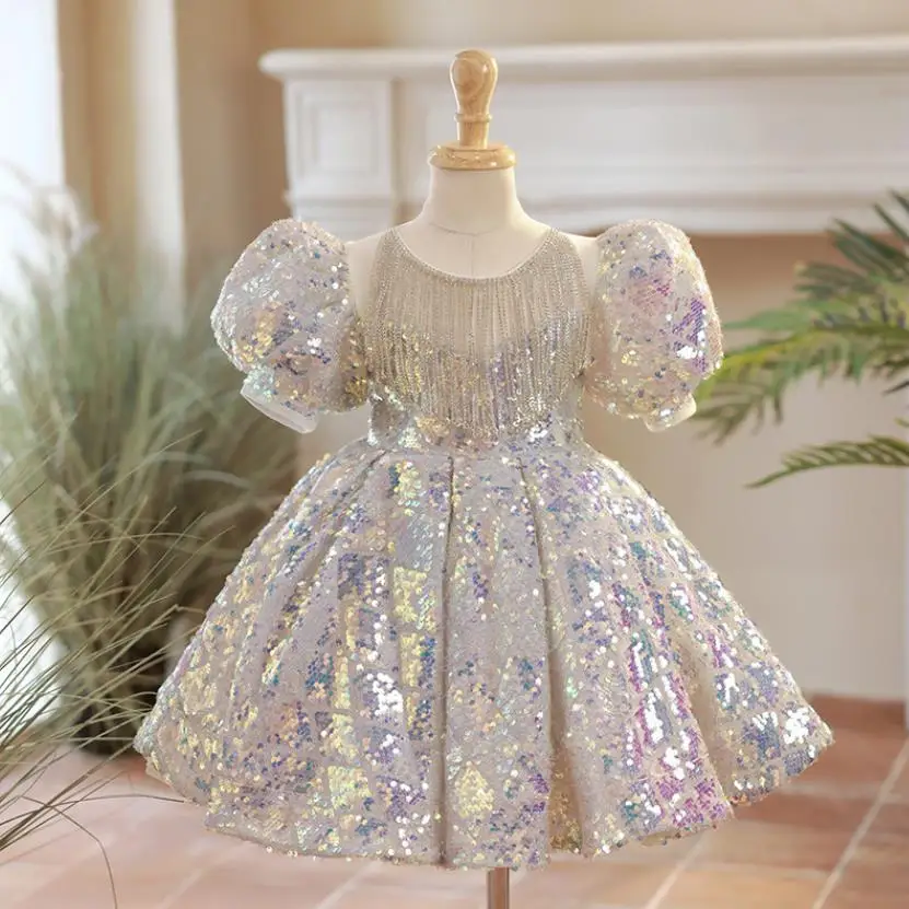 

New Children's Sequins Evening Gown Puff Sleeve Design Kids Catwalk Wedding Birthday Baptism Eid Party Girls Dresses A3596