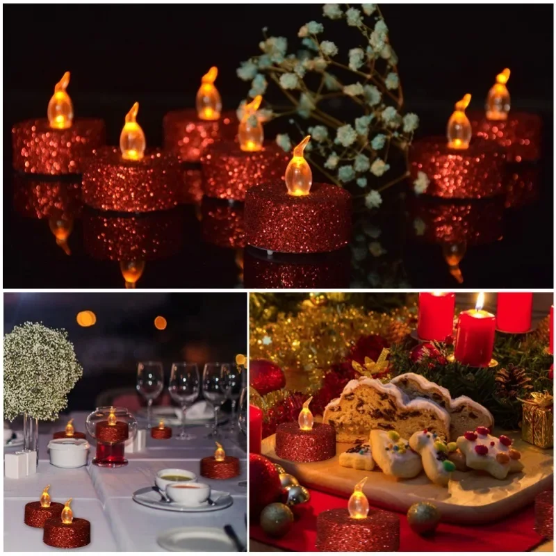 Bougies LED sans flamme en poudre d'or en plastique créatif, décorations de Noël, décoration d'intérieur, lumières électroniques, 12 pièces par paquet