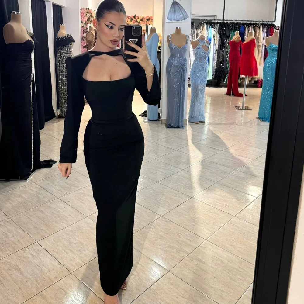 Grazioso abito da ballo in raso elasticizzato a quattro vie Abiti da sera personalizzati alla caviglia Abiti da festa a maniche lunghe