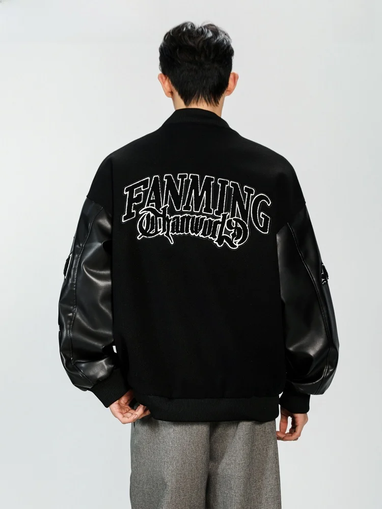 

Ретро-куртка в американском стиле для мужчин, шерстяная, весна 2026, свободного кроя, с вышивкой из искусственной кожи, в бейсбольном стиле, модная тонкая куртка для мужчин