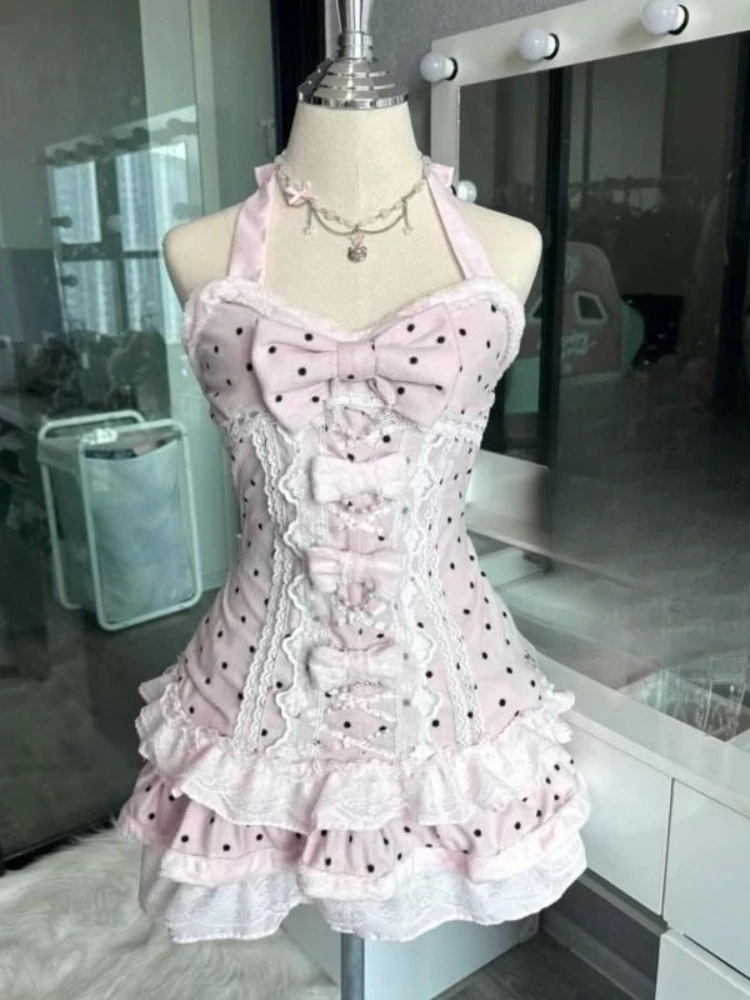 Moda coreana Y2k Estetica Abiti da donna Stile Lolita Polka Dot Fiocco in pizzo Dolce dimagrante Halter Top Design Minigonna Abiti