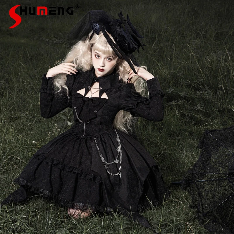 

Original Dark Gothic Black Long Sleeve Dress OP Women's High Waist Slim Elegant Sweet Lolita Dress Halloween Carnival Cos Dress