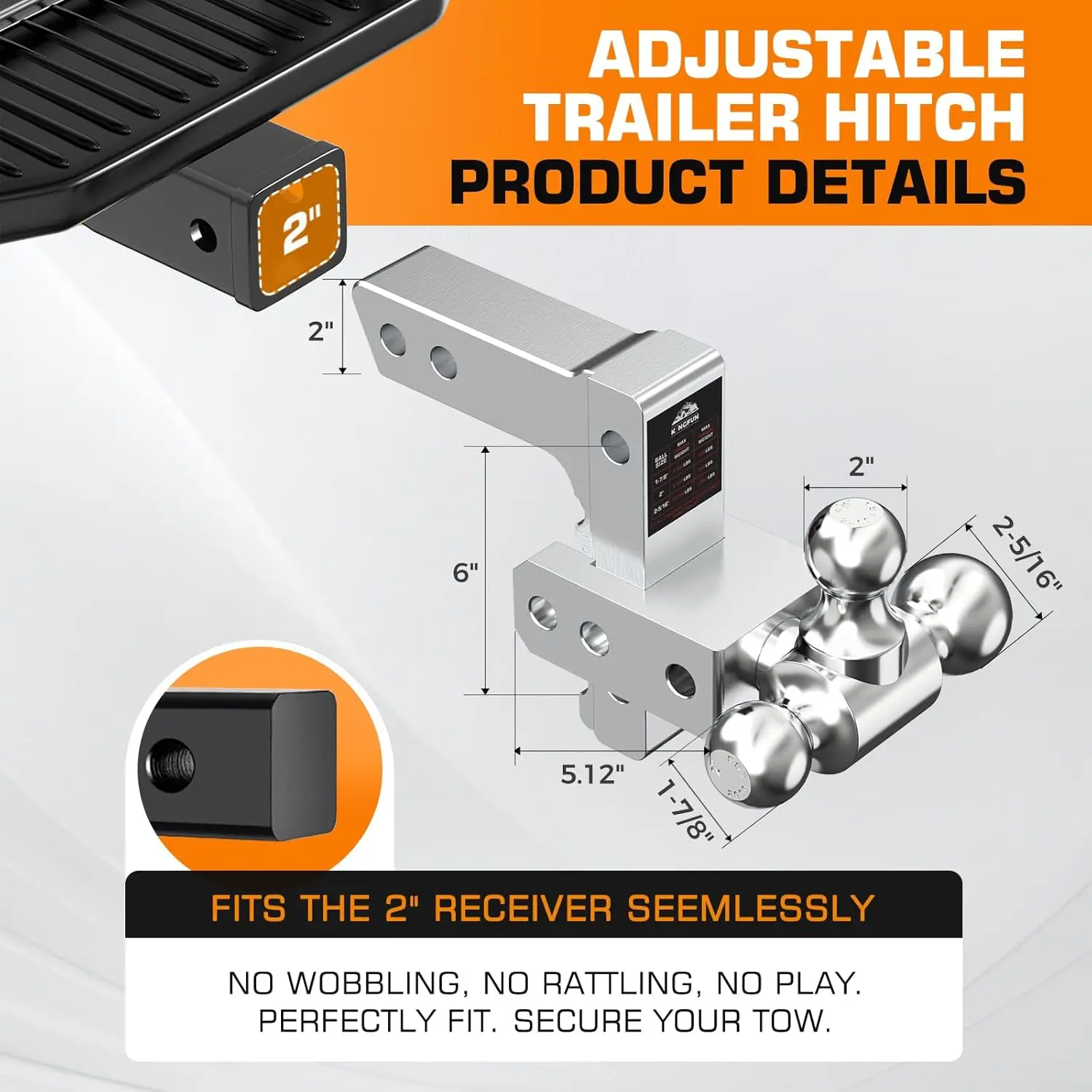 Truck, RV, Camper Towing - Silver Aluminum Adjustable Trailer Hitch with Tri Ball, Anti - Theft Pin, 12500 LBS GTW