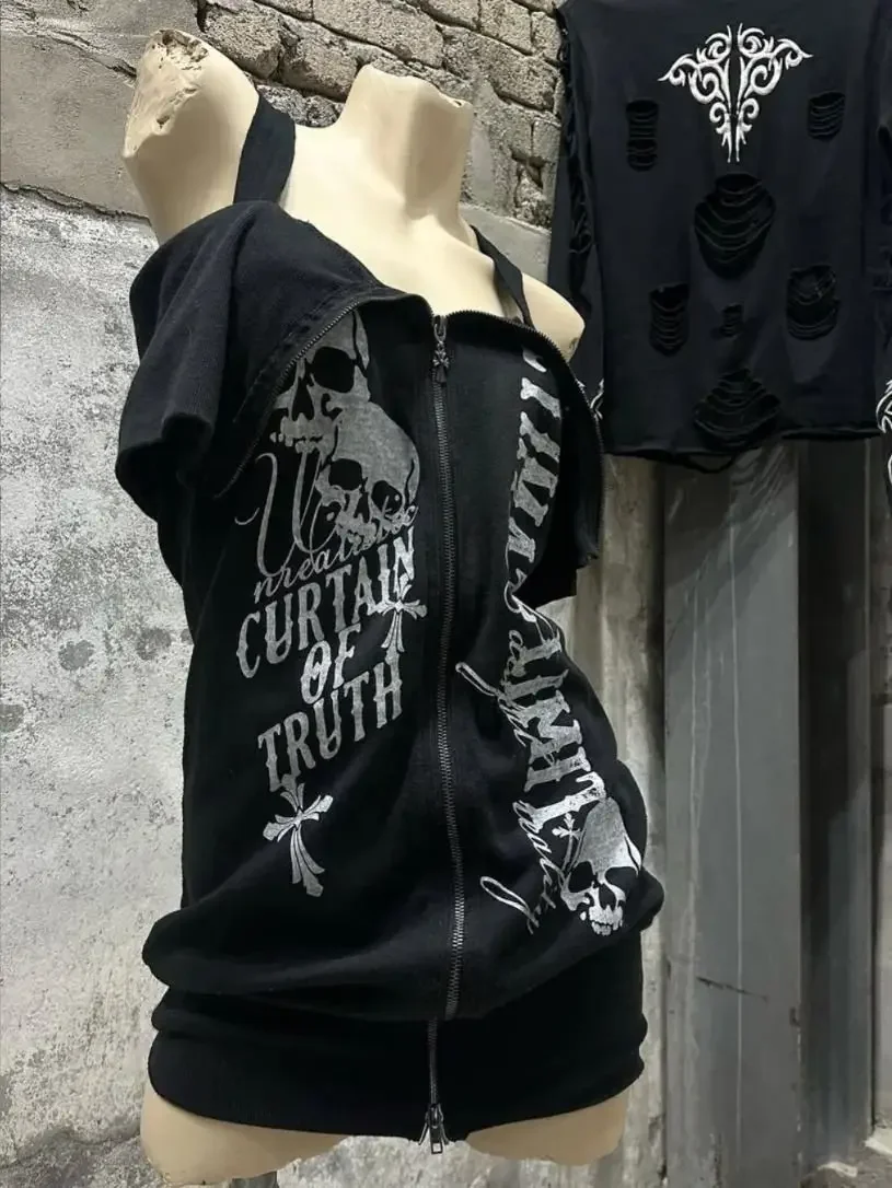 Y2k Esthetische Schedel Brief Afdrukken Vintage Tops Gothic Streetwear Slash Hals T-shirts Vrouwen Grunge Dubbele Ritsen ​ Harajuku T-stukken