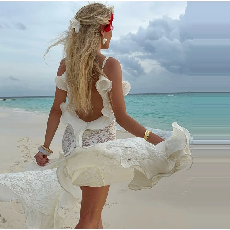 Sexy Hollow Out Lace Maxi Dress Women Spaghetti Strap Ruffles Party Club Robes Backless Side Slit Beach Vacation Lady Dress image 5
