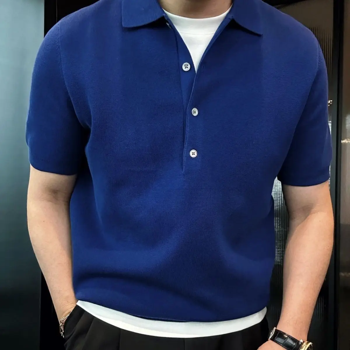 

Men summer fashion urban solid color simple and fashionable 4-button knitted short-sleeved Polo shirtYY34