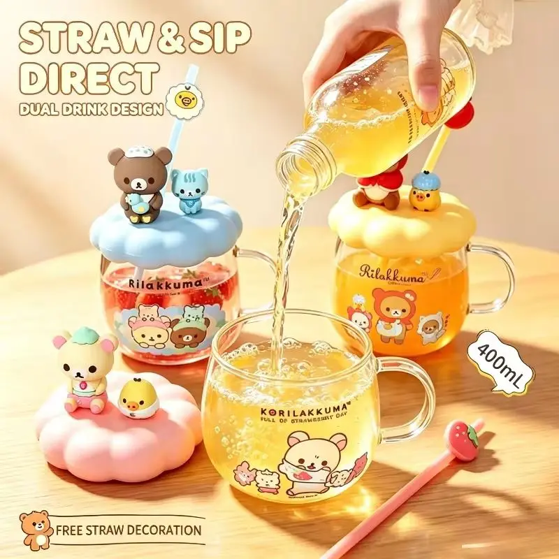 Rilakkuma Glas-Wasserbecher mit Deckel und Strohhalm, hitzebeständig, niedlicher Cartoon-Trinkbecher für den täglichen Gebrauch im Büro und zu Hause.