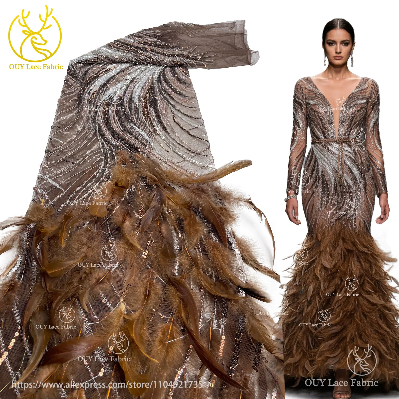 

Роскошная африканская 3D кружевная ткань с перьями и блестками, расшитая бисером, 2022, высокое качество, французский нигерийский тюль, кружевная ткань с вышивкой, шитье платья
