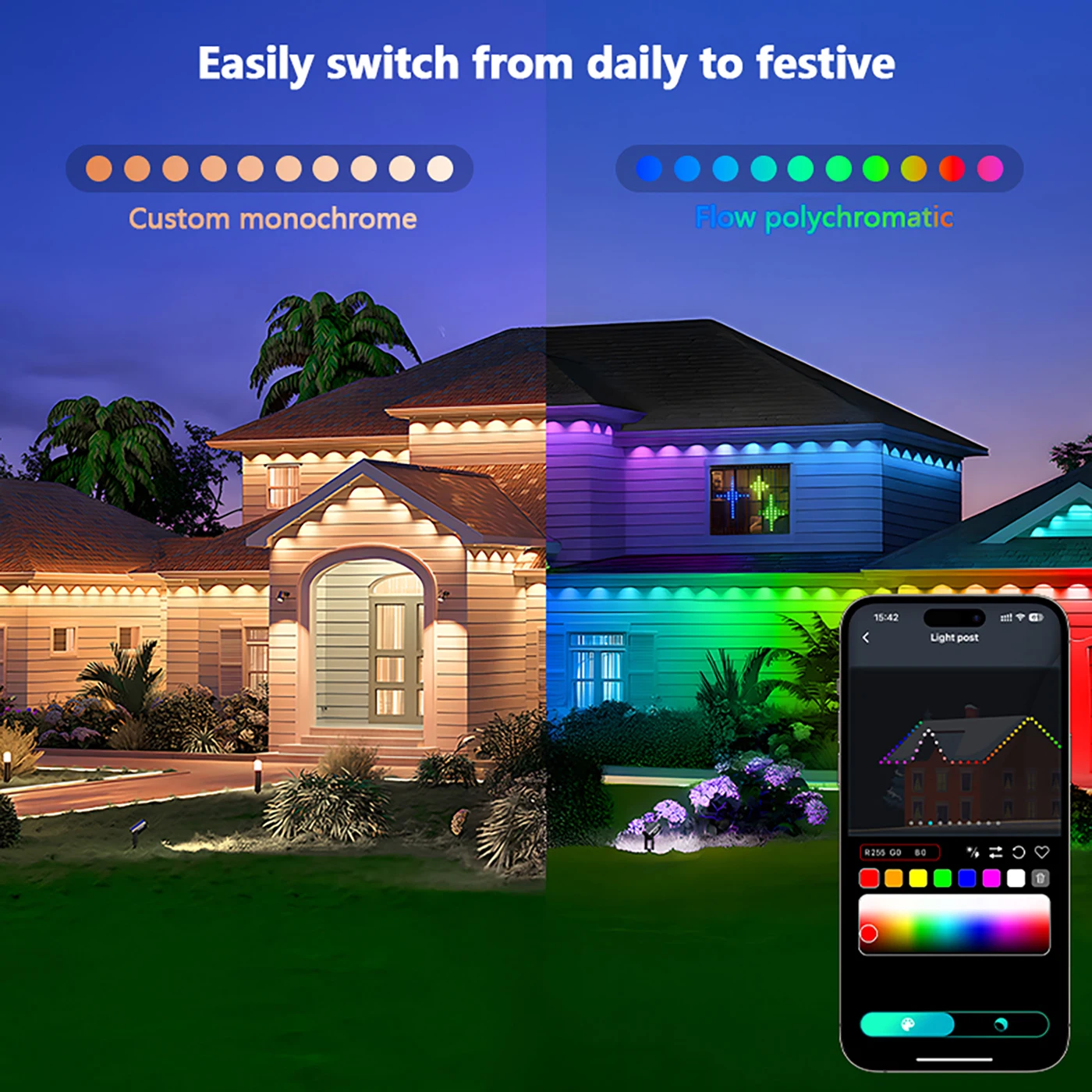 Lampu Teras Permanen Luar Ruangan 300 Kaki 180 LED Hitam Bluetooth App DIY RGB IC Light String untuk Dekorasi Natal dan Pesta