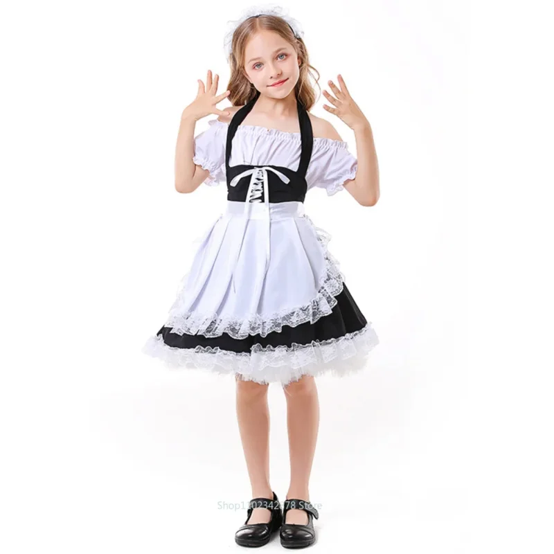 French Style Kids Lovely Maid Cosplay Costume for Girls Lolita Uniform Children Stage Performance Holder Dress Halloween Gift