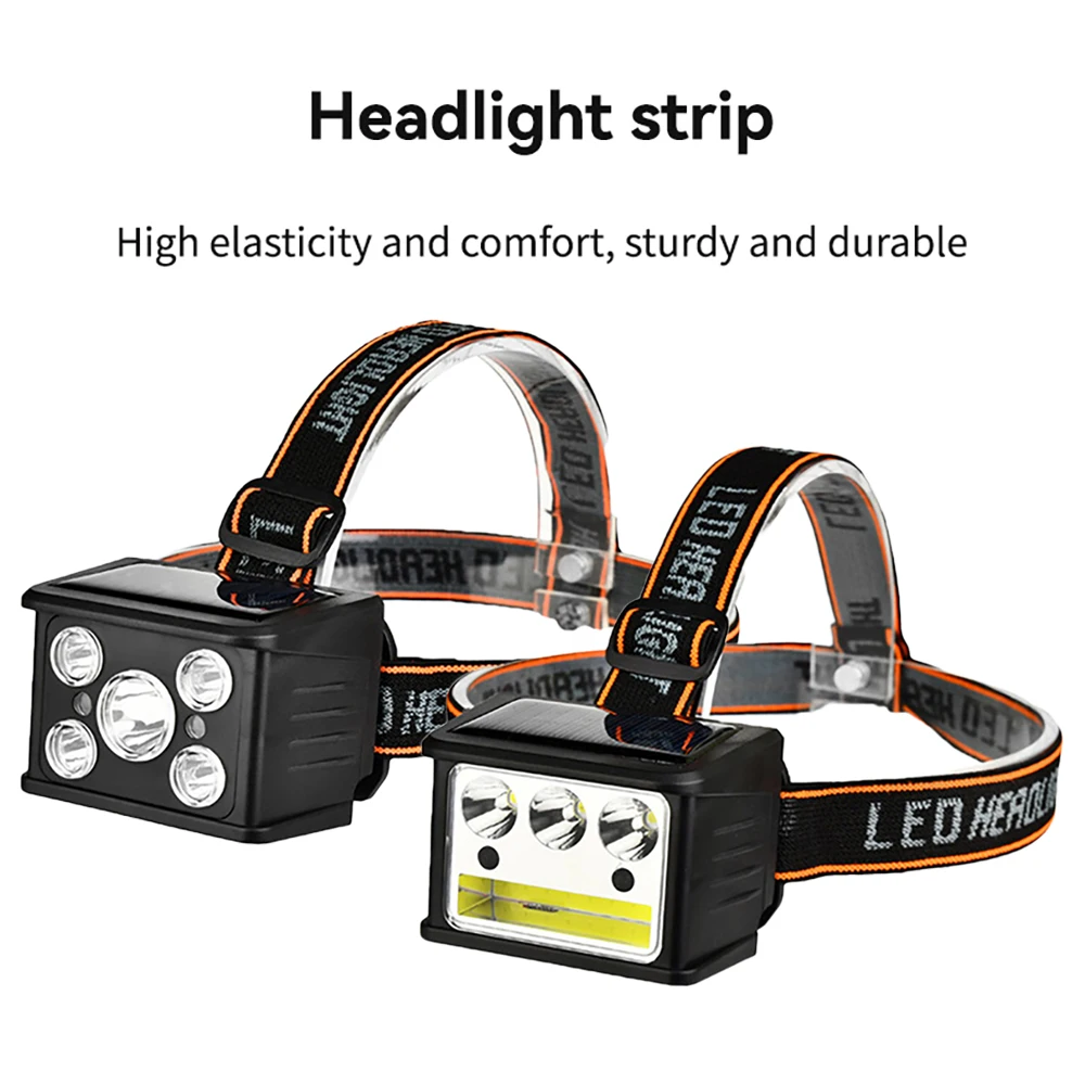 New Portable Solar LED COB Headlamp Five Mode Lighting USB Rechargeable Head Lantern Outdoor Waterproof Camping Headlight