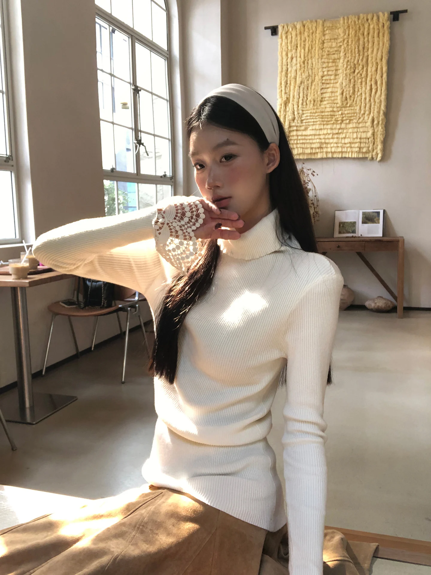 

Женский вязаный свитер с высоким воротником, зимний, модный, в стиле кэжуал, белый, прямой крой, для повседневной носки, с длинным рукавом