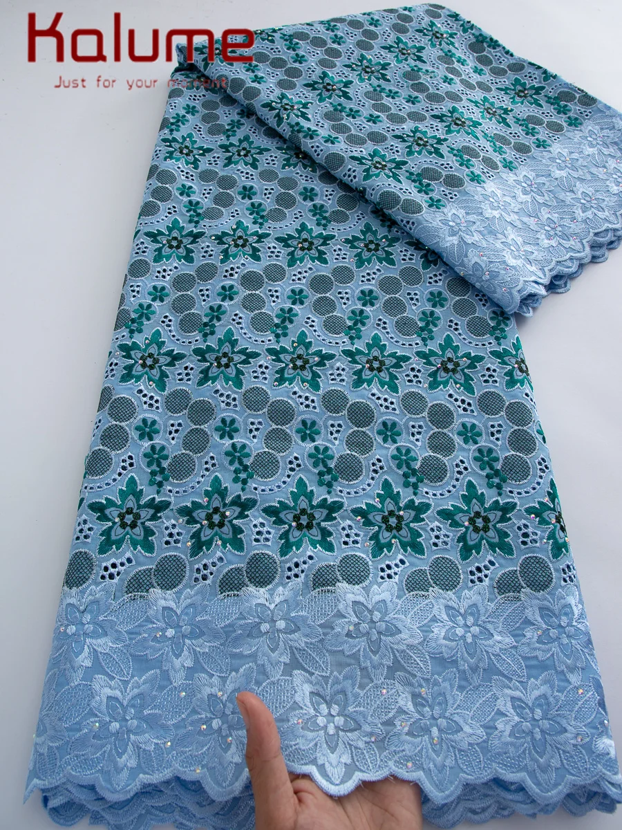 

Kalume Latest African Swiss Cotton Lace Fabric Embroidered Swiss Voile Lace in Switzerland with Stones for Nigerian Dress F4320