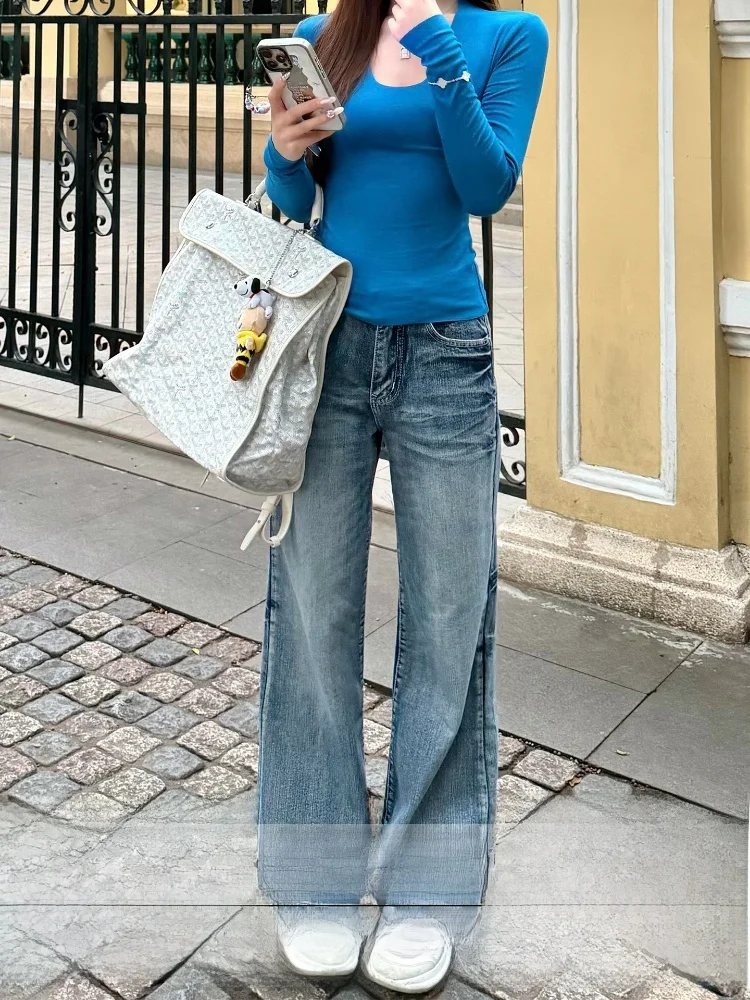 

Джинсы женские с высокой талией и широкими штанинами в американском стиле, светло-голубые, осенне-зимние, новинка, ретро, прямой крой