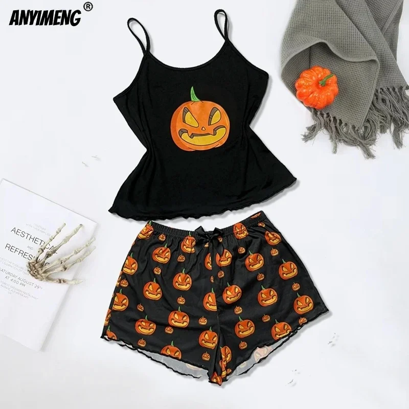 HOT Halloween Prumpkin Nightie Summer Spaghetti Strap Pajamas Set for Women Tank Top Shorts Girl Sexy Lingerie Sleeveless Pijama