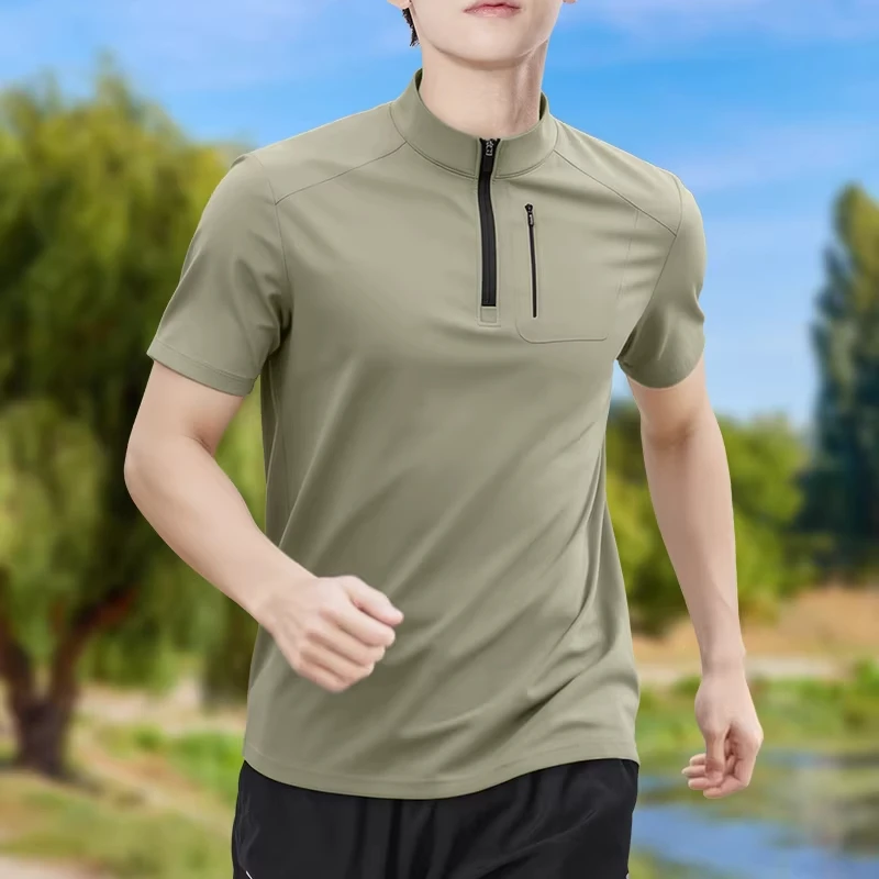 Men's Half-Zip High-Stretch Quick-Dry Short-Sleeve T-Shirt Breathable Outdoor Sports Running Training Stand Collar Casual Top