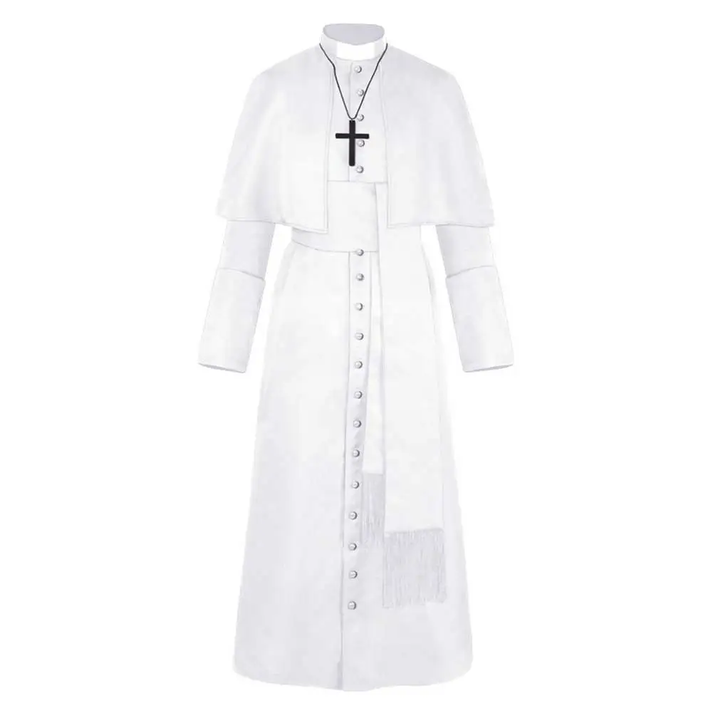 Disfraz de sacerdote para adultos, traje de fiesta de carnaval, capa blanca, Neclace negro, Pastor Medieval, Halloween, renacentista