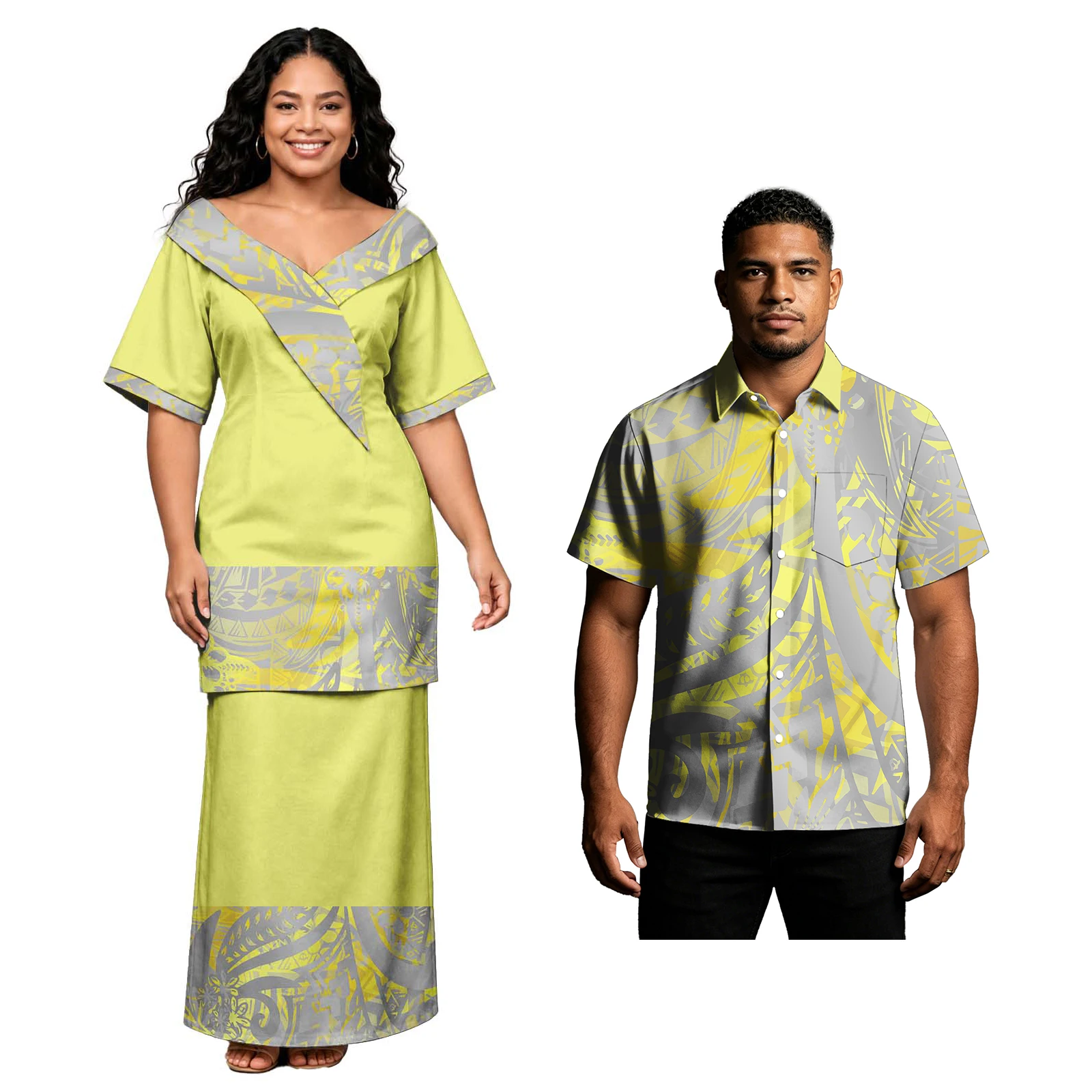 Conjuntos de Pareja con Estampado Tropical Hawaiano para Fiestas, Camisas de Botones Polinesias para Hombre, Diseño Tribal para Mujer, Puletasi Samoano para Iglesia