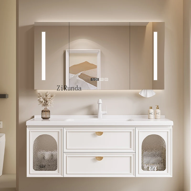 New French ceramic integrated basin bathroom cabinet combination washbasin cabinet wall-mounted