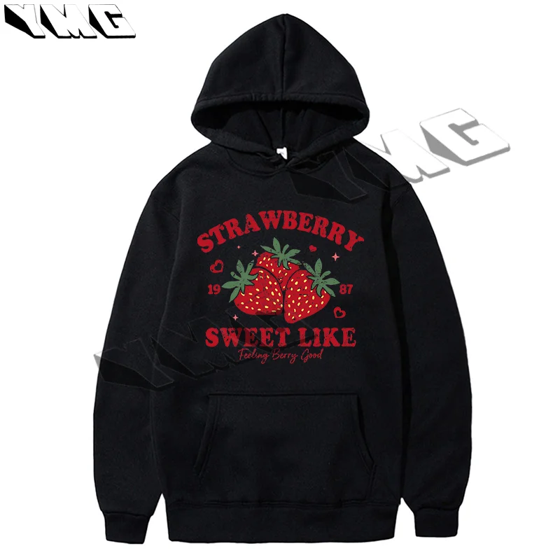 Y2K Cute Style Strawberry Letter Printed Women's Thick Cotton Sports Hoodie Sportswear Strawberry Color Loose Casual Hoodie EMO