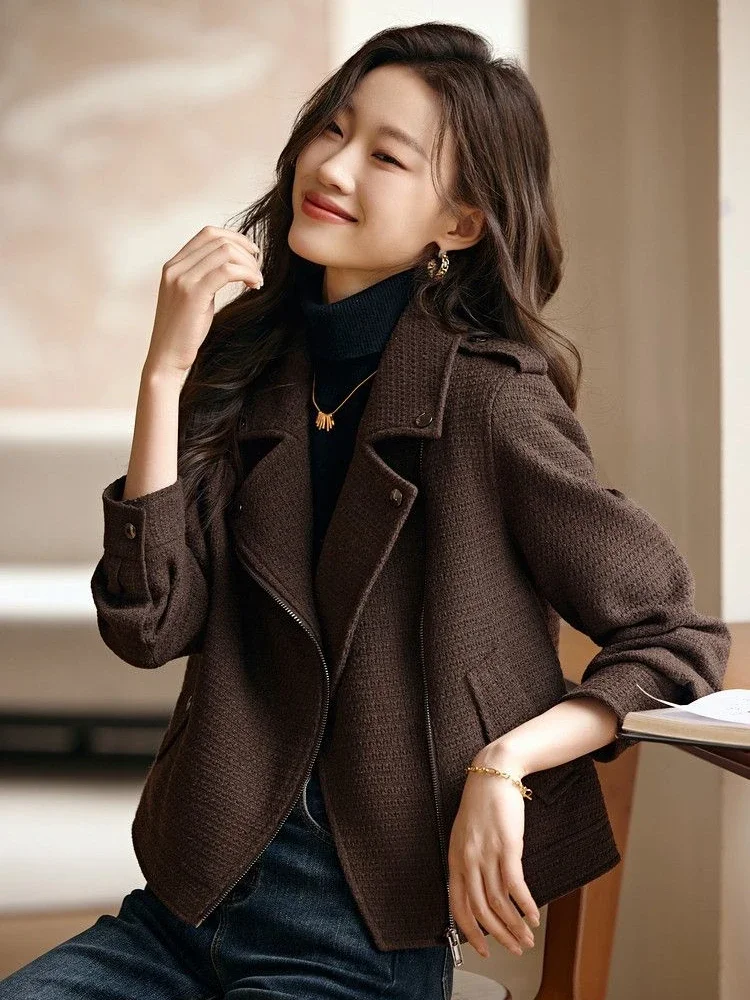 2024 Spring Women\'s Jacket Fashion Korean Slim Short Coat Pockets Turn-down Collar Zipper Solid Brown Jackets for Women