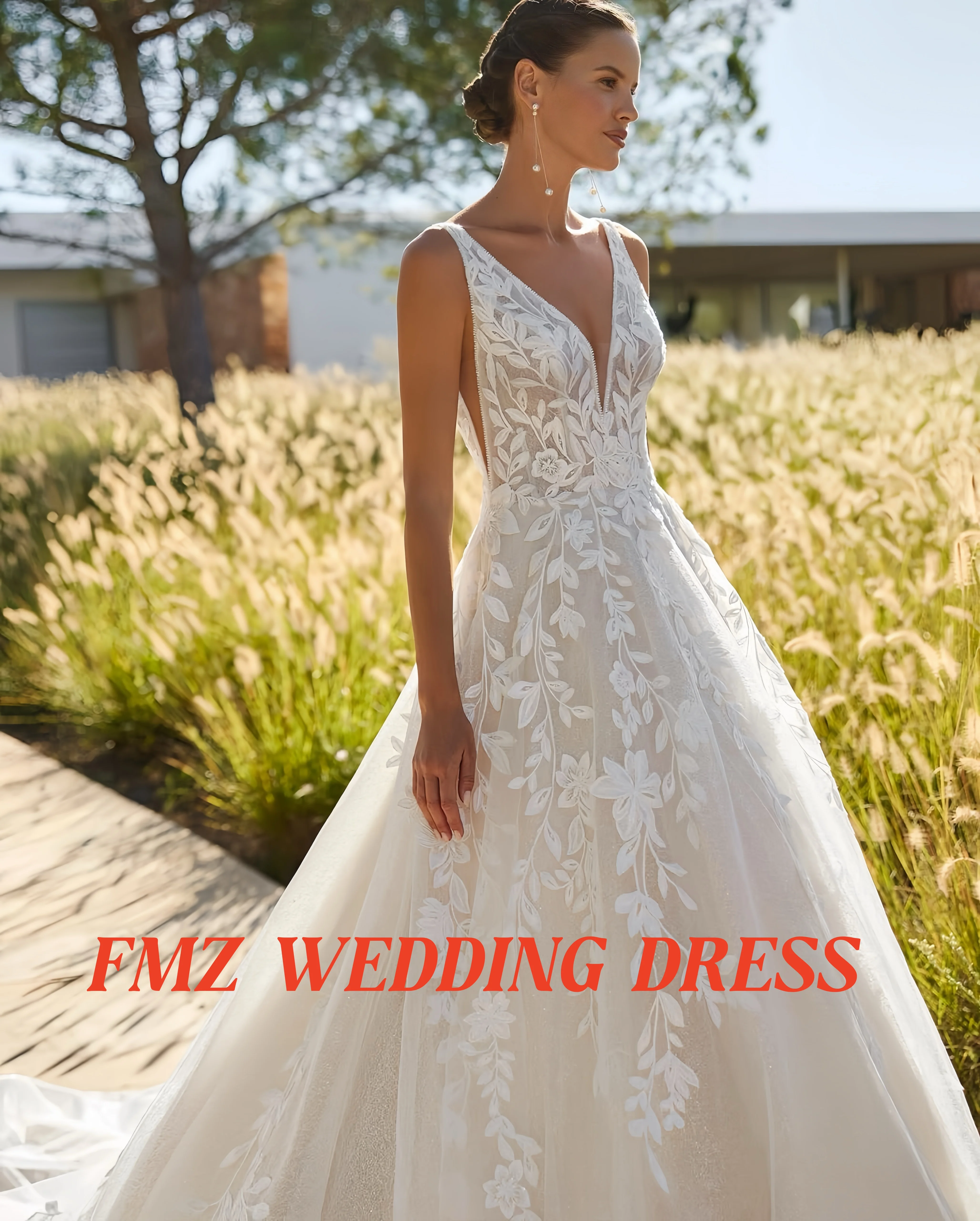 Personnalisé col en v sans manches a-ligne robe de mariée élégante robes de novia amanda novias amanda novias officiel