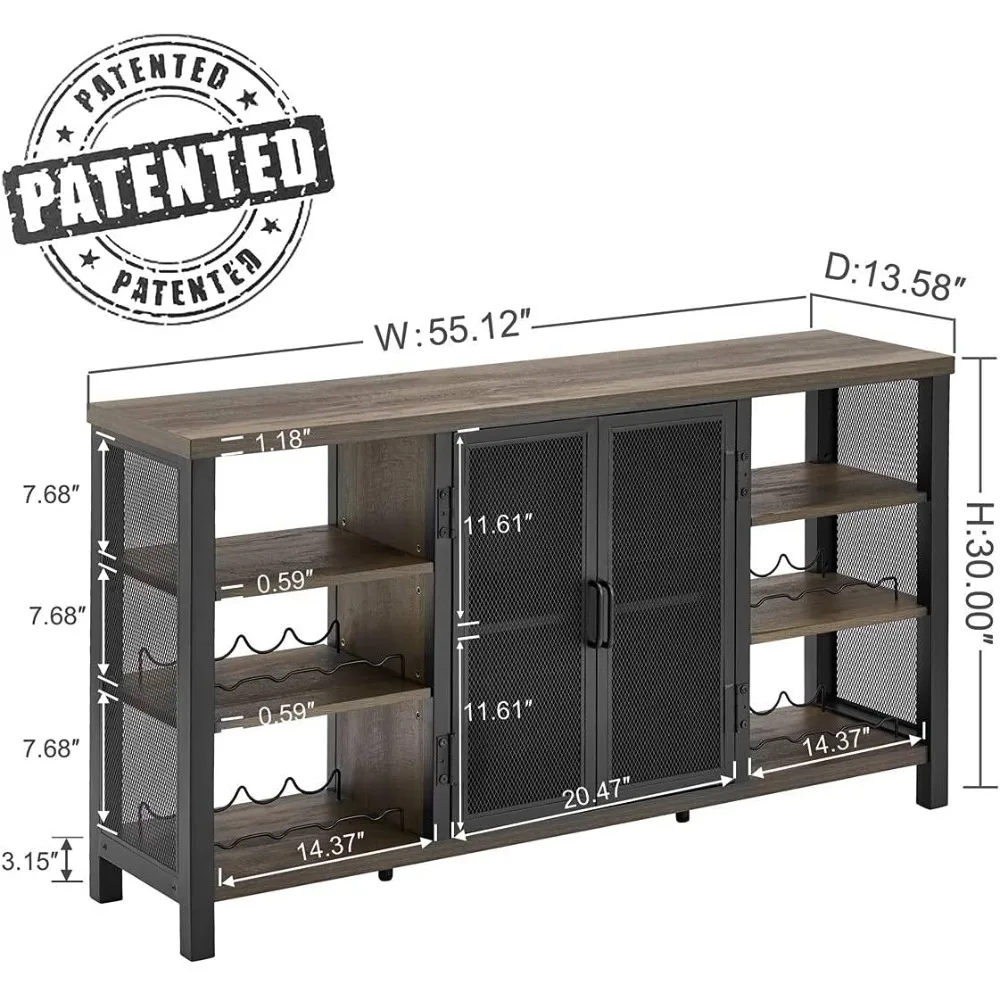 Industrial Wine Bar Cabinet for Liquor and Glasses, Wood Coffee Bar with Wine Rack, Metal Sideboard and Buffet Cabinet