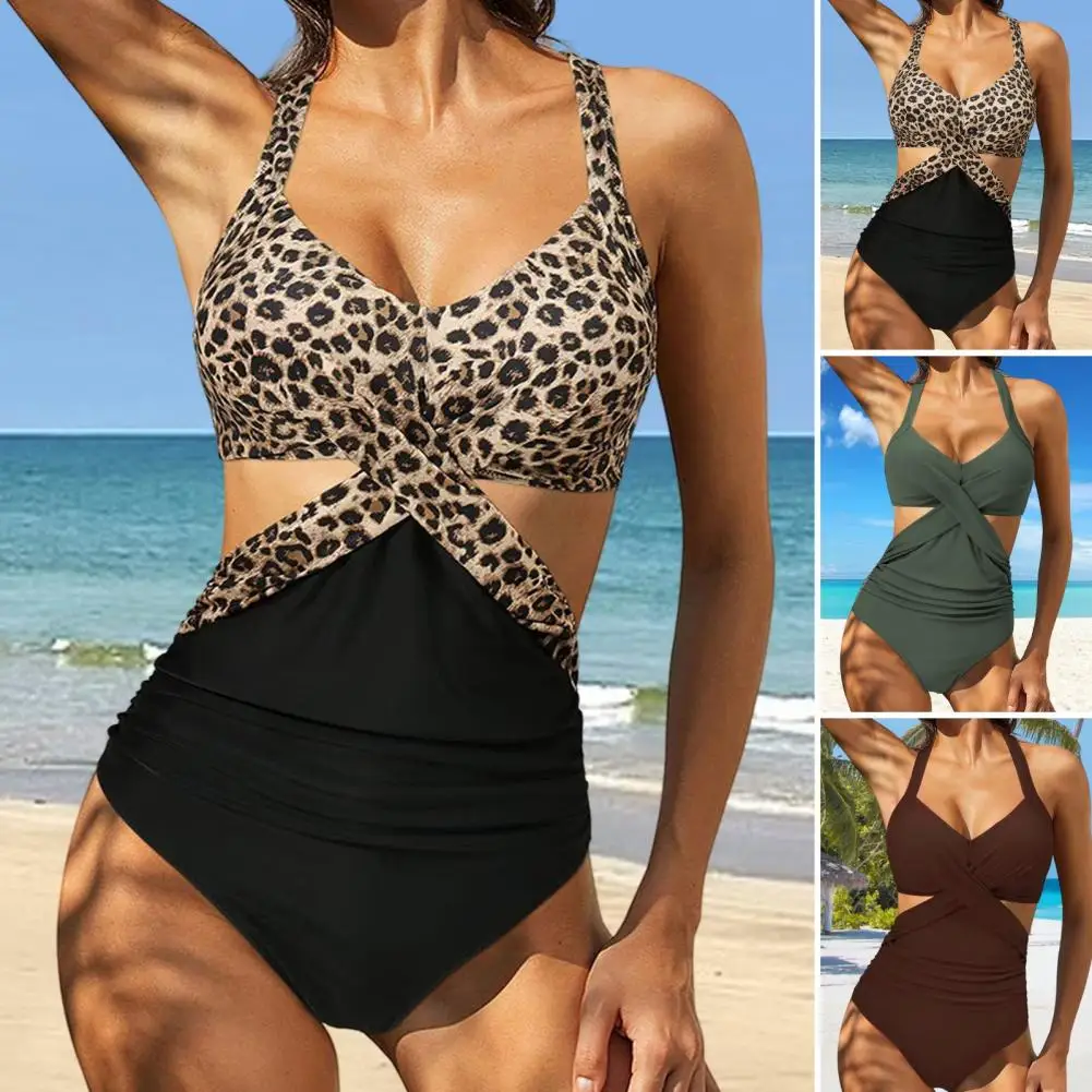 

Women Sexy Monokini Halter Sleeveless Cross One-piece Swimsuit Patchwork Color Hollow Tummy Control High Waisted Bathing Suit