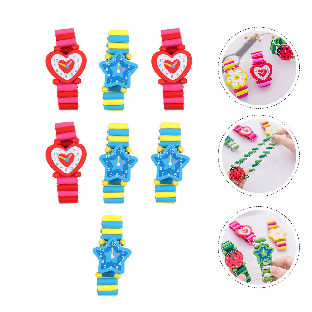 7 stücke Holz Kinder Helle Pädagogisches Spielzeug Elastische Armband Gefälschte Uhr Holz Kind Geschenk Kind Uhr Spielzeug