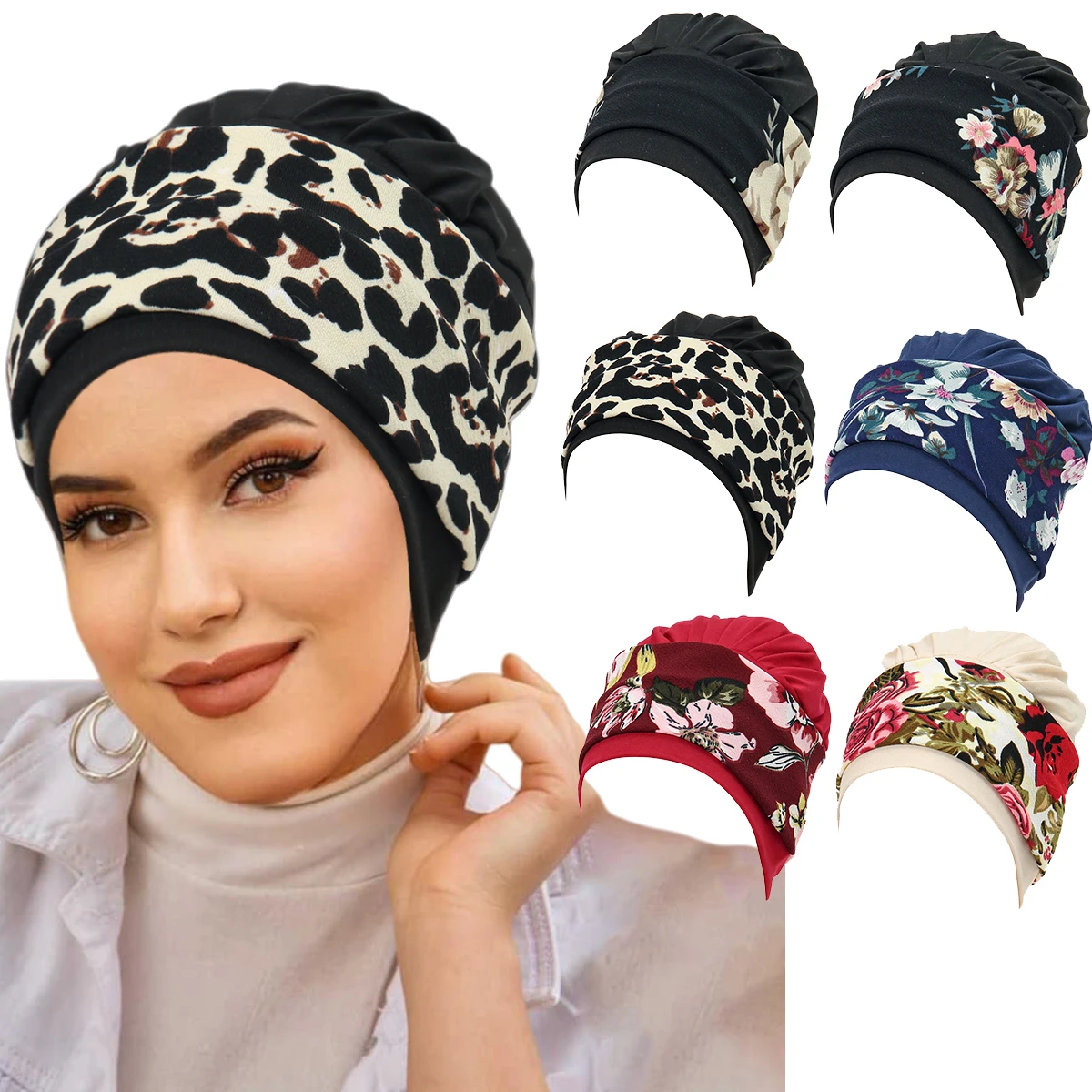 جديد المرأة المسلمة لينة تمتد عمامة القبعات قبل تعادل الحجاب طباعة زهرة الحجاب باندانا الكيماوي بيني قبعات غطاء #1