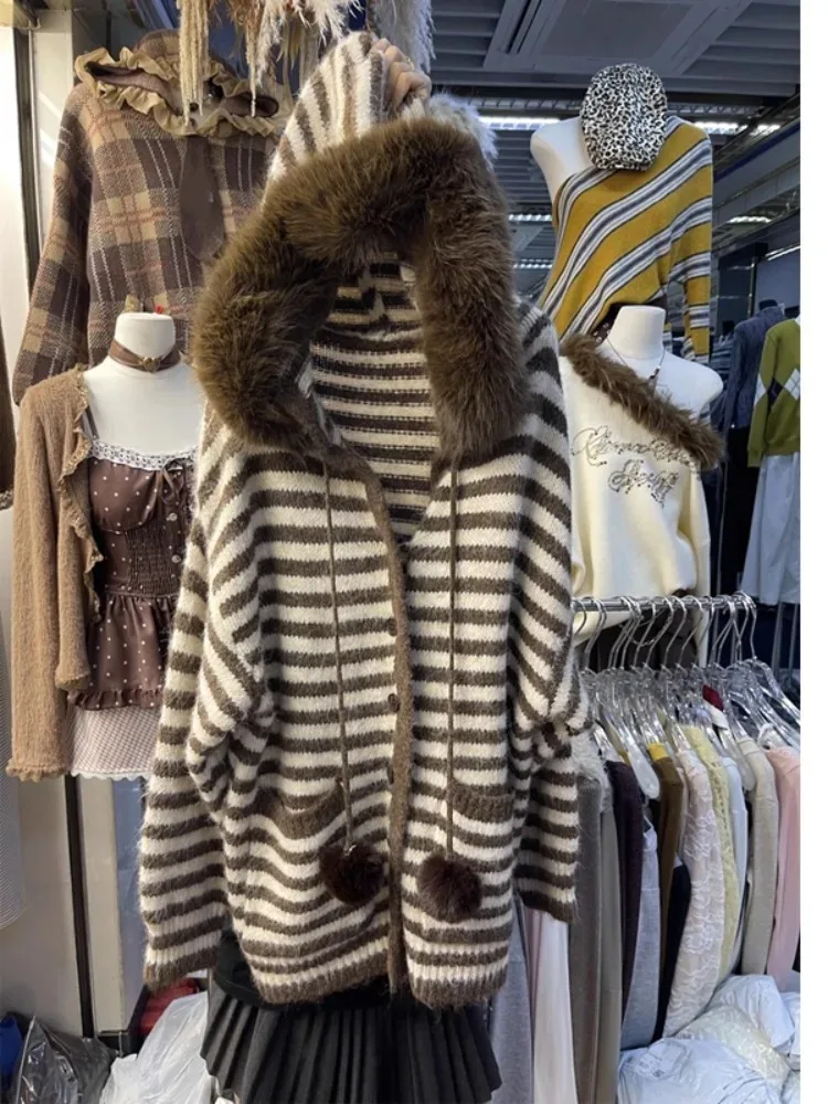 مقنعين سترة جاكيتات النساء الخريف الشتاء الملابس لينة Sueter Mujer بسيطة الكورية موضة سحب فام سترة مخططة غير رسمية