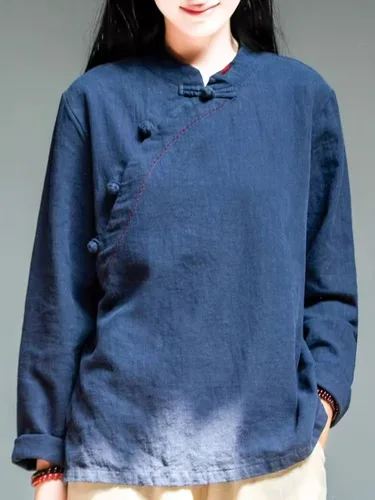 Imagen 1 del producto Nuevas camisetas de otoño con diseño chino para mujer, camisa de lino y algodón transpirable para mujer, blusa Hanfu tradicional china