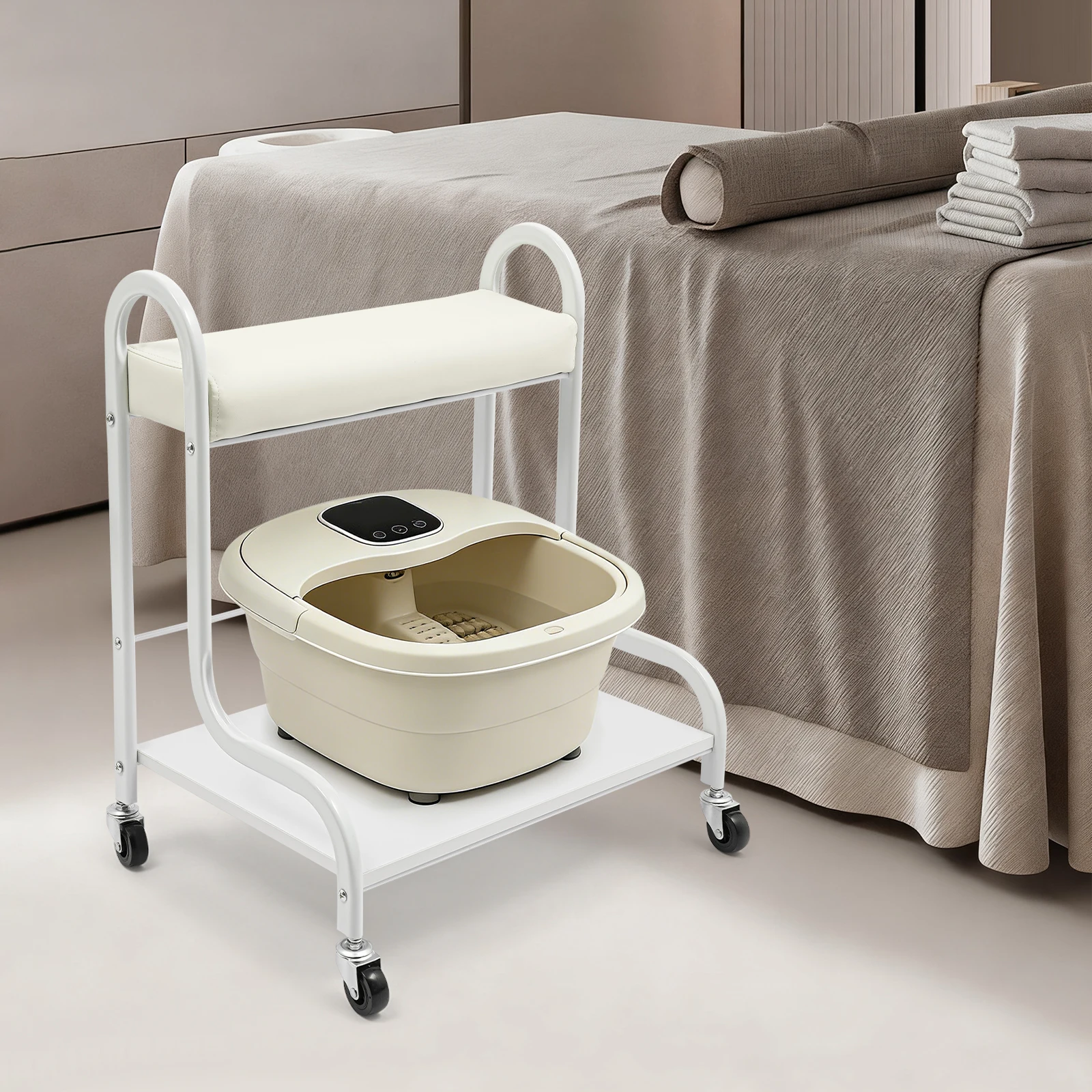 2-Tier Foot Bath Trolley With 4 Swivel Wheels, Wood & Baked Metal Mobile Foot Spa Cart With Foot Rest Cushion For Salon Home Foot Massage Pedicure